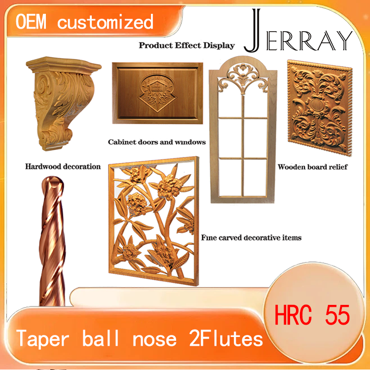JERRAY 3.175mm (1/8”) shank HRC55 2 Flutes Tungsten solid carbide Antique copper coating Tapered Ball Nose End Mills Wood working CNC 2D 3D Carving Bits