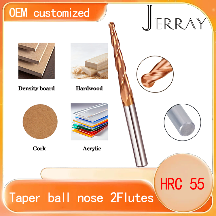 JERRAY 3.175mm (1/8”) shank HRC55 2 Flutes Tungsten solid carbide Antique copper coating Tapered Ball Nose End Mills Wood working CNC 2D 3D Carving Bits