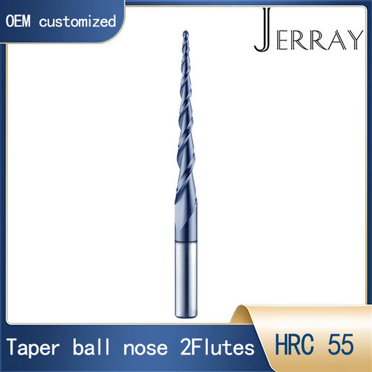 JERRAY 8mm 100mm shank HRC55 2 Flutes Tungsten solid carbide Tapered Ball Nose End Mills Wood working CNC 2D 3D Carving Bits
