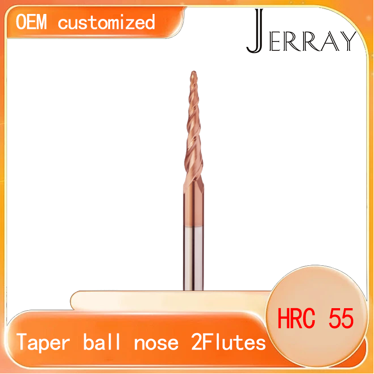 JERRAY 3.175mm (1/8”) shank HRC55 2 Flutes Tungsten solid carbide Antique copper coating Tapered Ball Nose End Mills Wood working CNC 2D 3D Carving Bits