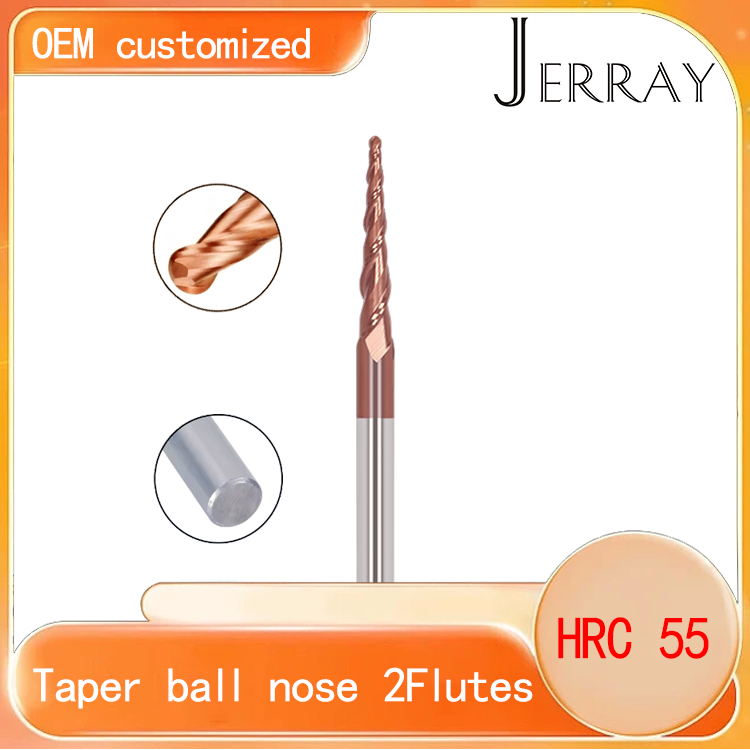 JERRAY 3.175mm (1/8”) shank HRC55 2 Flutes Tungsten solid carbide Antique copper coating Tapered Ball Nose End Mills Wood working CNC 2D 3D Carving Bits