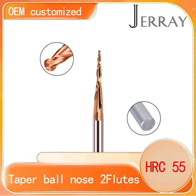 JERRAY D4mm shank HRC55 2 Flutes Tungsten solid carbide Antique copper coating Tapered Ball Nose End Mills Wood working CNC 2D 3D Carving Bits