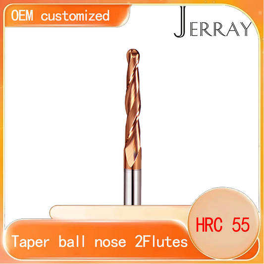JERRAY 6.35mm (1/4”) shank HRC55 2 Flutes Tungsten solid carbide Antique copper coating Tapered Ball Nose End Mills Wood working CNC 2D 3D Carving Bits