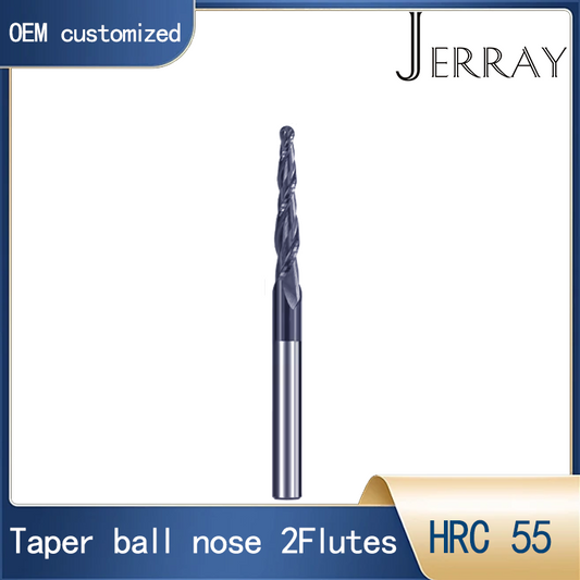 JERRAY 6.35mm (1/4”) shank HRC55 2 Flutes Tungsten solid carbide Tapered Ball Nose End Mills Wood working CNC 2D 3D Carving Bits