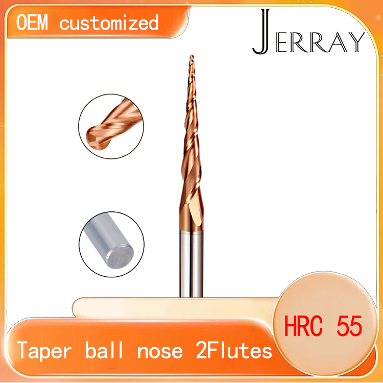 JERRAY 6.35mm (1/4”) shank HRC55 2 Flutes Tungsten solid carbide Antique copper coating Tapered Ball Nose End Mills Wood working CNC 2D 3D Carving Bits