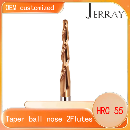 JERRAY 6mm 50/75mm shank HRC55 2 Flutes Tungsten solid carbide Antique copper coating Tapered Ball Nose End Mills Wood working CNC 2D 3D Carving Bits