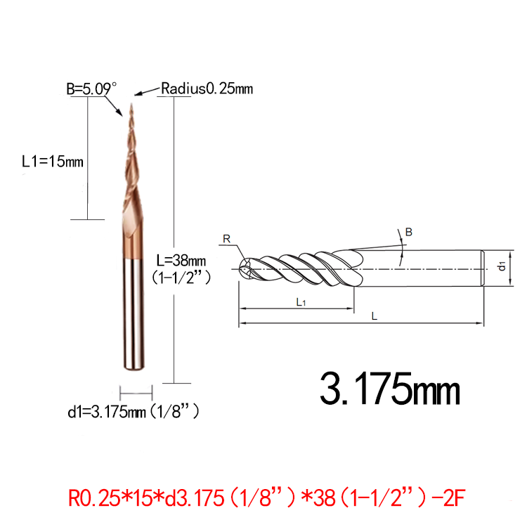 JERRAY 3.175mm (1/8”) shank HRC55 2 Flutes Tungsten solid carbide Antique copper coating Tapered Ball Nose End Mills Wood working CNC 2D 3D Carving Bits
