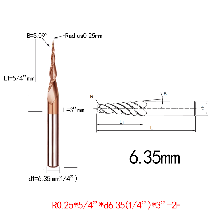 JERRAY 6.35mm (1/4”) shank HRC55 2 Flutes Tungsten solid carbide Antique copper coating Tapered Ball Nose End Mills Wood working CNC 2D 3D Carving Bits