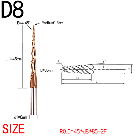 JERRAY Antique copper coating 8mm 85/100mm shank HRC55 2 Flutes Tungsten solid carbide Tapered Ball Nose End Mills Wood working CNC 2D 3D Carving Bits