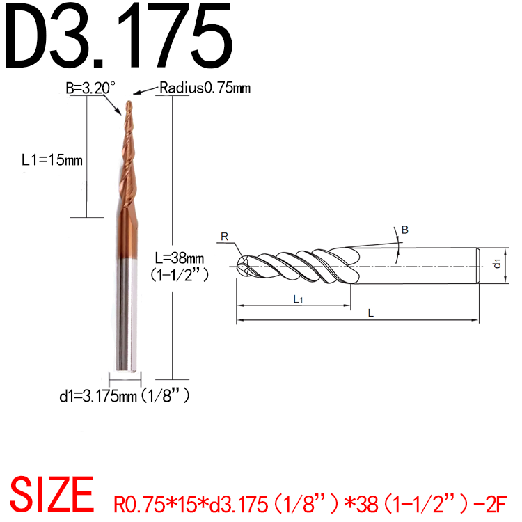 JERRAY 3.175mm (1/8”) shank HRC55 2 Flutes Tungsten solid carbide Antique copper coating Tapered Ball Nose End Mills Wood working CNC 2D 3D Carving Bits