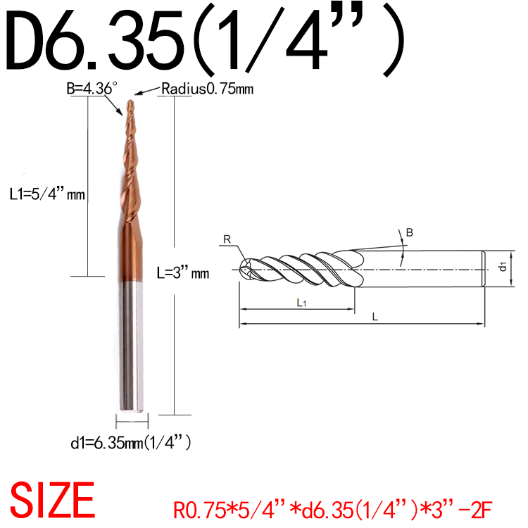 JERRAY 6.35mm (1/4”) shank HRC55 2 Flutes Tungsten solid carbide Antique copper coating Tapered Ball Nose End Mills Wood working CNC 2D 3D Carving Bits