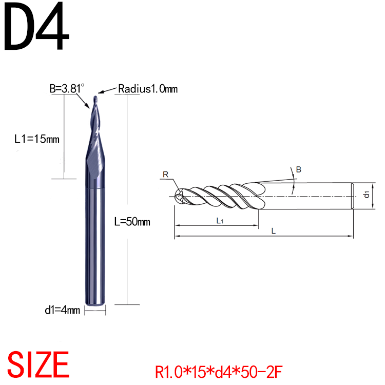JERRAY D4mm 15mm 50mm shank HRC55 2 Flutes Tungsten solid carbide Tapered Ball Nose End Mills Wood working CNC 2D 3D Carving Bits