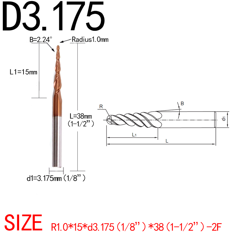 2PCS JERRAY 3.175mm (1/8”) shank HRC55 2 Flutes Tungsten solid carbide Antique copper coating Tapered Ball Nose End Mills Wood working CNC 2D 3D Carving Bits