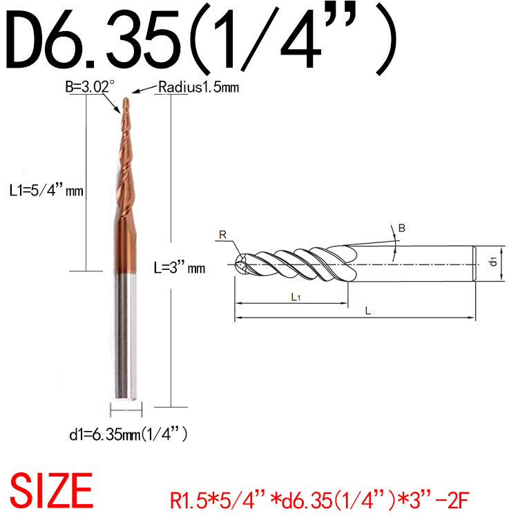 JERRAY 6.35mm (1/4”) shank HRC55 2 Flutes Tungsten solid carbide Antique copper coating Tapered Ball Nose End Mills Wood working CNC 2D 3D Carving Bits