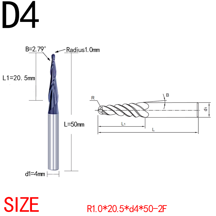 2PCS JERRAY D4mm 20.5mm 50mm shank HRC55 2 Flutes Tungsten solid carbide Tapered Ball Nose End Mills Wood working CNC 2D 3D Carving Bits