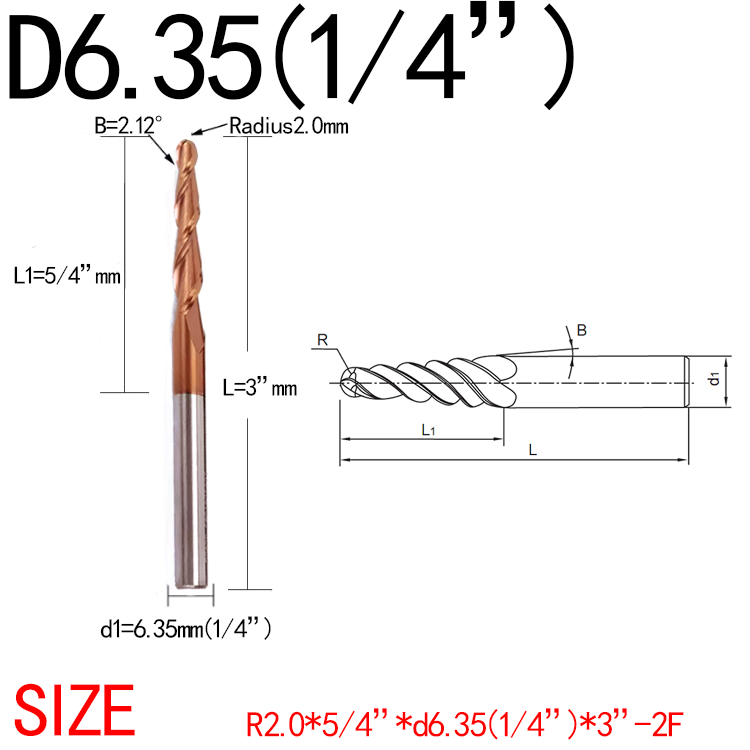 JERRAY 6.35mm (1/4”) shank HRC55 2 Flutes Tungsten solid carbide Antique copper coating Tapered Ball Nose End Mills Wood working CNC 2D 3D Carving Bits