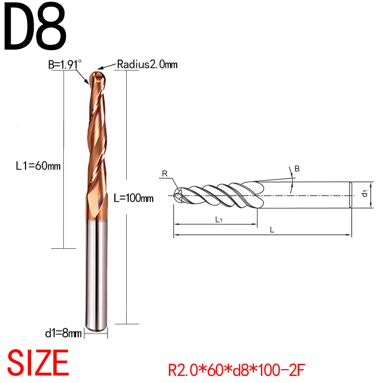 JERRAY Antique copper coating 8mm 85/100mm shank HRC55 2 Flutes Tungsten solid carbide Tapered Ball Nose End Mills Wood working CNC 2D 3D Carving Bits