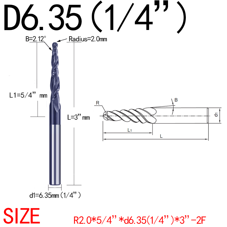 JERRAY 6.35mm (1/4”) shank HRC55 2 Flutes Tungsten solid carbide Tapered Ball Nose End Mills Wood working CNC 2D 3D Carving Bits