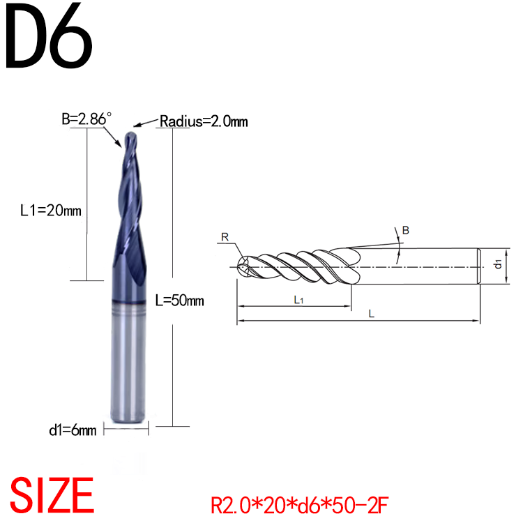 JERRAY 6mm 50mm shank HRC55 2 Flutes Tungsten solid carbide Tapered Ball Nose End Mills Wood working CNC 2D 3D Carving Bits