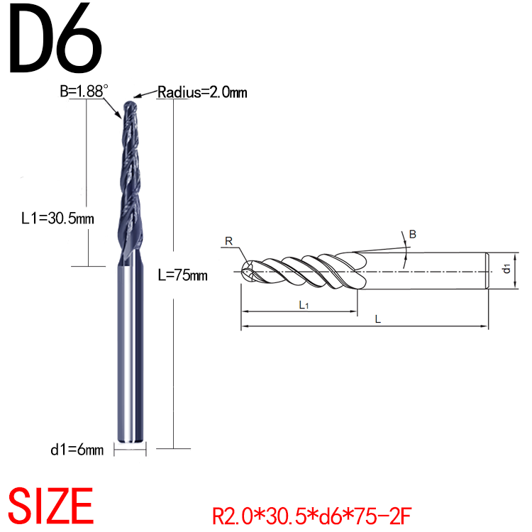 JERRAY 6mm 75mm shank HRC55 2 Flutes Tungsten solid carbide Tapered Ball Nose End Mills Wood working CNC 2D 3D Carving Bits