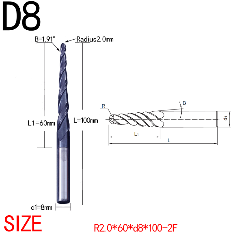 JERRAY 8mm 100mm shank HRC55 2 Flutes Tungsten solid carbide Tapered Ball Nose End Mills Wood working CNC 2D 3D Carving Bits