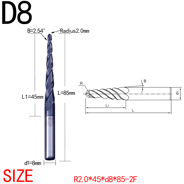 JERRAY 8mm 85mm/100mm shank HRC55 2 Flutes Tungsten solid carbide Tapered Ball Nose End Mills Wood working CNC 2D 3D Carving Bits