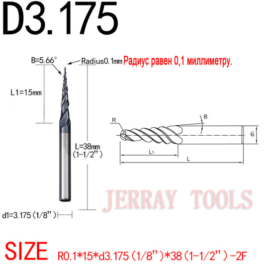 2pcs/pack High quality and long Life Coated 2D and 3D Carving 5.66 Deg Tapered Angle Ball Nose 0.1mm Radius 1/8” D x x 15mm cutting length x 1/8 SHK x 1-1/2 Inch Long x 2 Flute Router Bit for solid wood mdf Particle board plywood