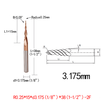 JERRAY 3.175mm (1/8”) shank HRC55 2 Flutes Tungsten solid carbide Antique copper coating Tapered Ball Nose End Mills Wood working CNC 2D 3D Carving Bits