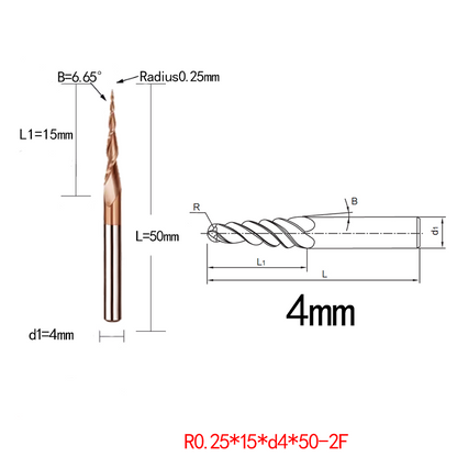 JERRAY D4mm shank HRC55 2 Flutes Tungsten solid carbide Antique copper coating Tapered Ball Nose End Mills Wood working CNC 2D 3D Carving Bits