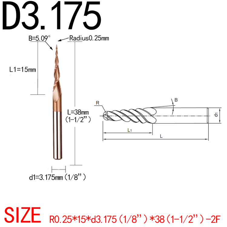 JERRAY 3.175mm (1/8”) shank HRC55 2 Flutes Tungsten solid carbide Antique copper coating Tapered Ball Nose End Mills Wood working CNC 2D 3D Carving Bits