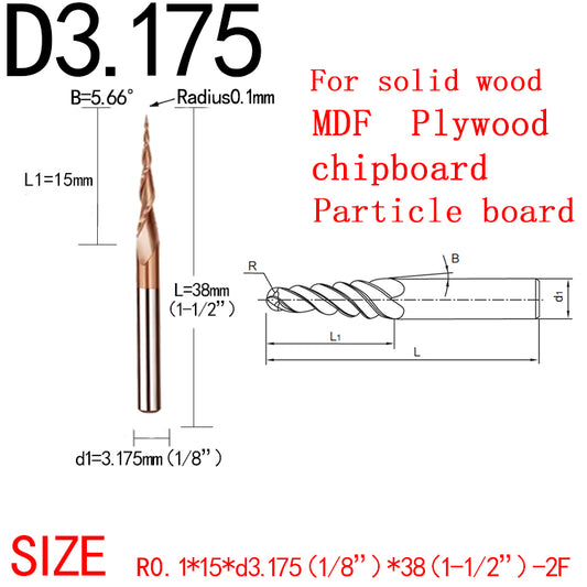 2pcs/pack High quality and long Life Coated 2D and 3D Carving 5.66 Deg Tapered Angle Ball Nose 0.1mm Radius 1/8” D x x 15mm cutting length x 1/8 SHK x 1-1/2 Inch Long x 2 Flute Router Bit for solid wood mdf Particle board plywood